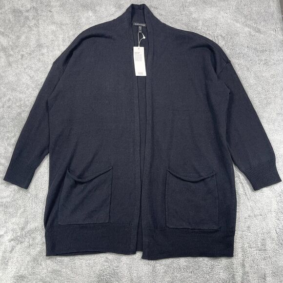 Eileen Fisher Cardigan Womens Large Black Open Front Organic Linen Blend - Picture 1 of 10